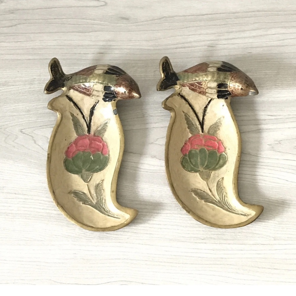 Cloisonné Brass Enamel Trinket Condiment Dish Fish & Flower Design Set Of 2